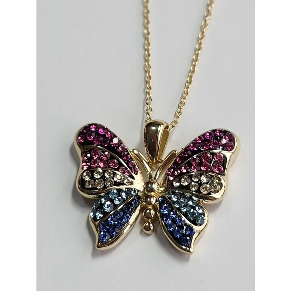 18K Gold Plated Sterling Silver Butterfly Pendant Necklace w/ Pink Blue Crystals